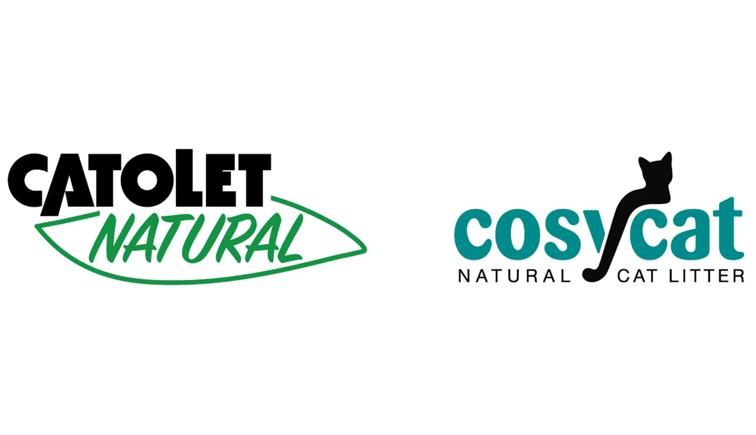 CatOlet Natural logo on the left with a green underline, and cosycat Natural Cat Litter logo on the right featuring teal text and a black cat silhouette forming the letter 't'